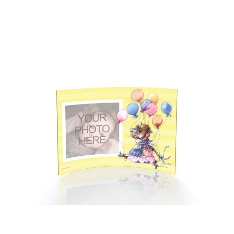 a photo frame with a cat holding balloons