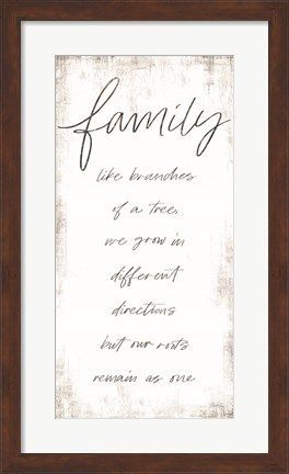 a framed print with the words family in black ink on white paper and brown wood frame