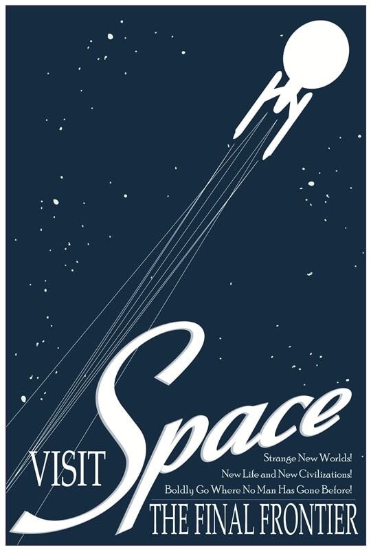 the poster for visit space, which features an image of a rocket flying through the sky