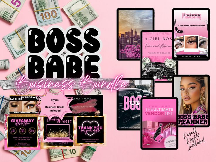 various business cards and money with the words boss babe written on them in black ink