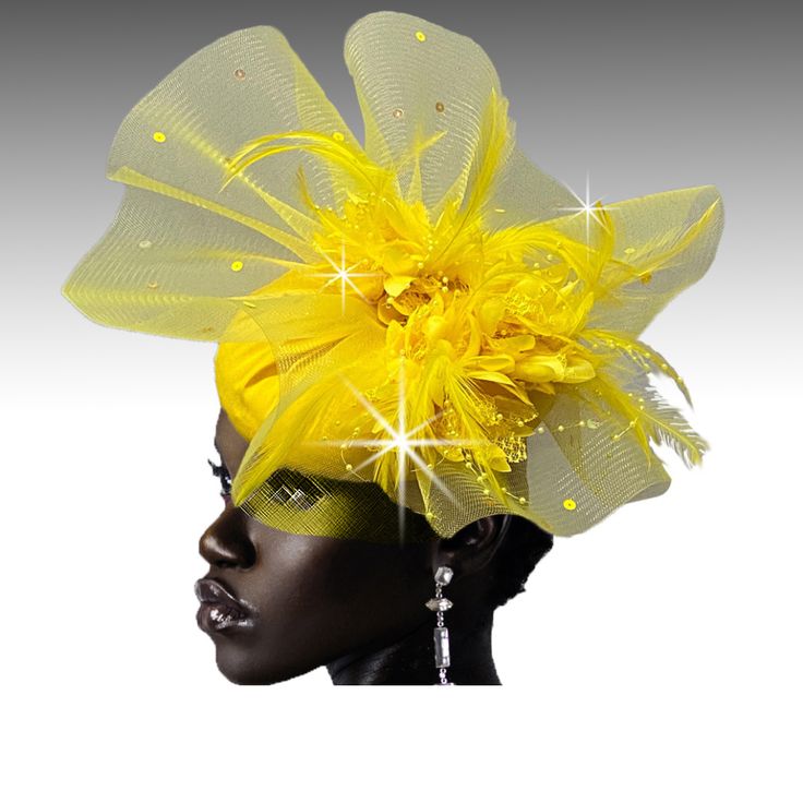 A corsage of feathers and satin flowers is nestled in an illusion fan that sits atop a Juliet cap. The cap is positioned at a quarter view above the eye and flatters all face shapes. The velvet lined headband assures non slippage. Yellow Fascinator, Special Occasion Hats, Juliet Cap, African Turban, Occasion Hats, Flower Fascinator, Tulle Flowers, Couture Accessories, Feather Flower