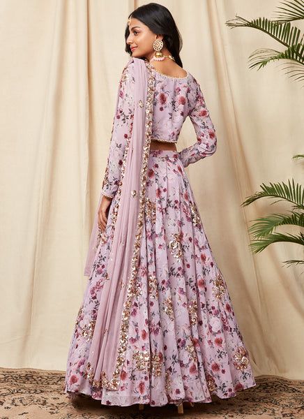 Pink Floral Print Unstitched Lehenga, Pink Floral Print Lehenga Unstitched, Bollywood Style Lehenga With Floral Embroidery For Spring, Spring Bollywood Lehenga With Dupatta, Floor-length Floral Embroidered Choli For Spring, Floor-length Floral Embroidery Choli For Spring, Eid Party Lehenga With Floral Print, Lavender Floral Embroidered Sets For Wedding, Spring Floral Print Georgette Lehenga