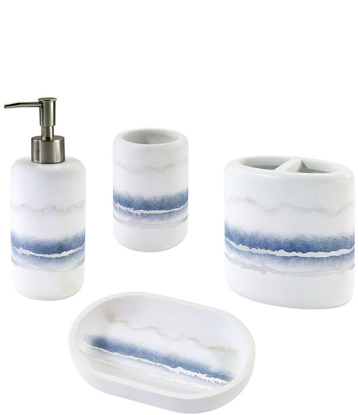 three piece bathroom set with soap dispenser, toothbrush holder and soap dish