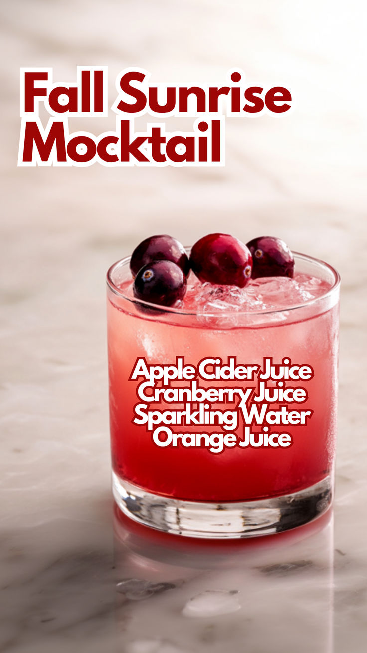 Fall Sunrise Mocktail Thanksgiving Drinks Non Alcoholic, Fall Party Drinks, Sunrise Mocktail, Relaxing Drinks, Thanksgiving Recipes Drinks, Apple Cider Juice, Fall Sunrise, Cocktail Cards, Mocktail Bar