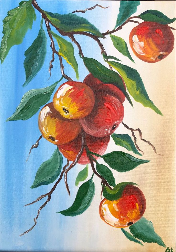 an oil painting of apples hanging from a tree branch