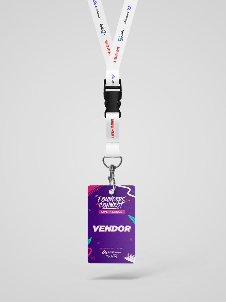 a lanyard with an id card attached to it, and the name vendor is printed on