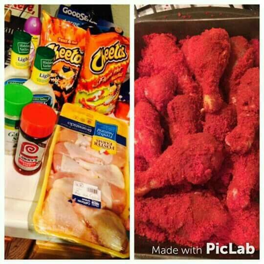 some food is laying out on the counter and in front of it are two pictures