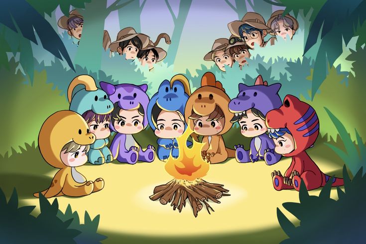 a group of cartoon animals sitting around a campfire