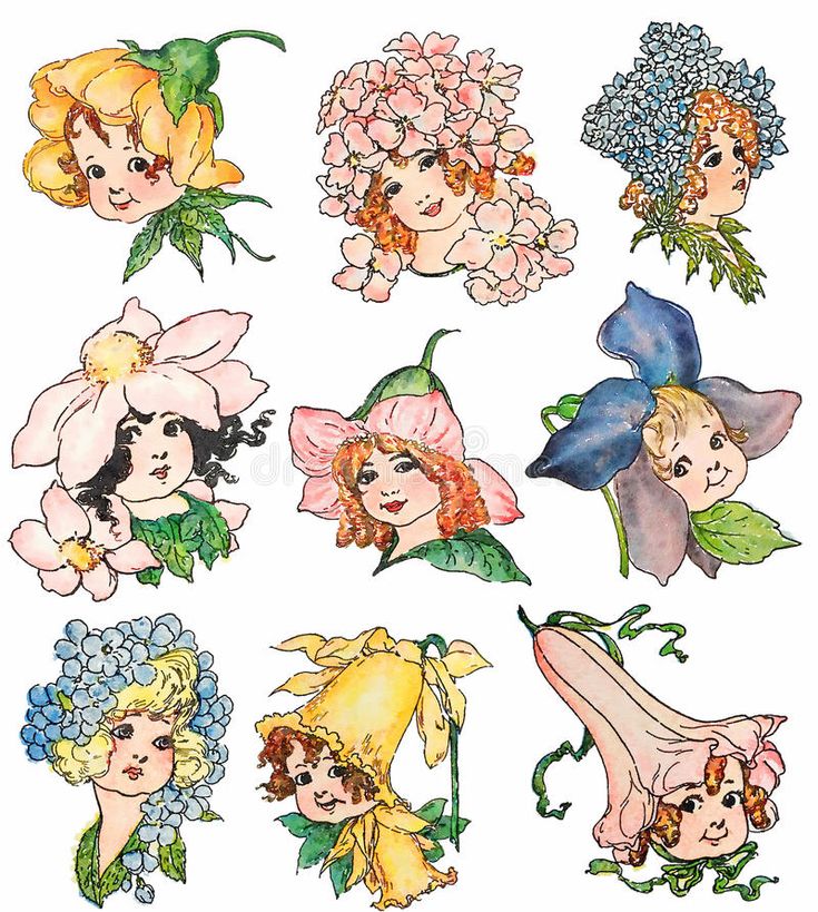 nine beautiful women with flowers in their hair and hats, all drawn by hand royalty illustration