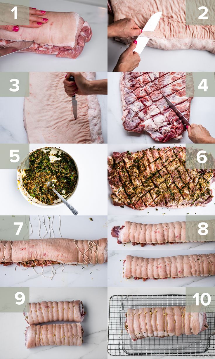 the steps in how to cook pork chops on a sheet of parchment paper and cut them into thin strips