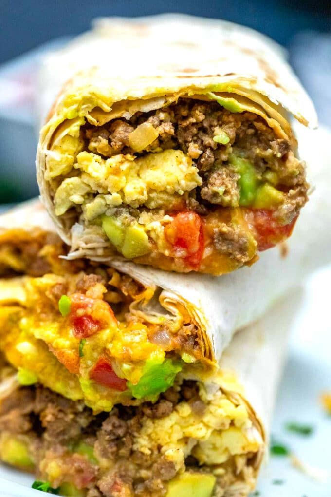 two burritos stacked on top of each other