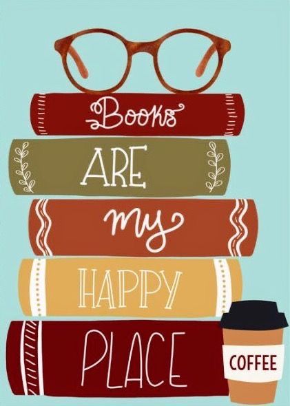 a stack of books with glasses on top of it and the words books are my happy place