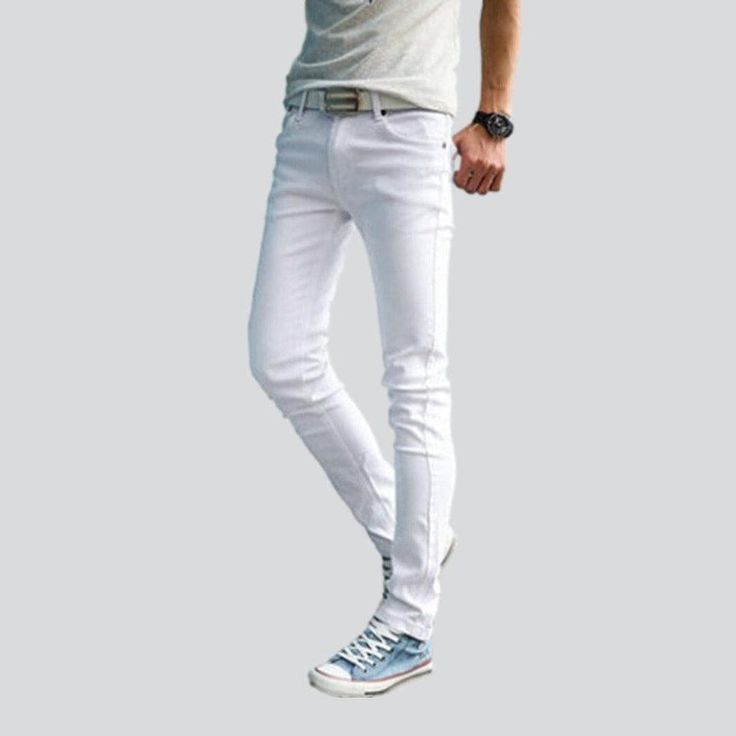 Step out in trend with our slender fit white jeans from the 2023 Spring-Summer Collection. Whether you're heading to a relaxed get-together or a night out. these one-color jeans will add a touch of couture sophistication to your look. Crafted from luxe denim in a mid-waist design. enjoy a enduring fit with a zipper and button closure to ensure a secure and comfortable shape.Distinctive Features: Slim Fit: Show off your figure in a tailored cut type that flatters your shape. Monochrome: Make a st Men White Jeans, White Jeans Men, Yellow Denim, Denim Patterns, Jeans Online, Slim Fit Men, Everyday Wardrobe, Colored Jeans, Classic Looks