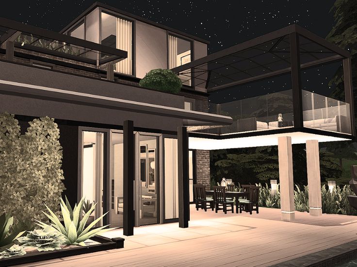 an artist's rendering of a modern house at night with patio and dining area