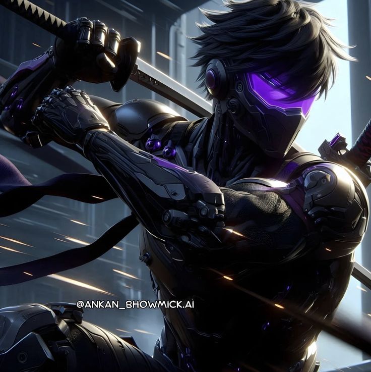 an animated character holding two swords in front of a cityscape with purple lights