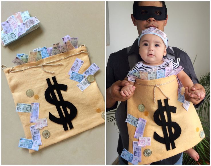 a man holding a baby wearing a bag with money in it and another photo of him