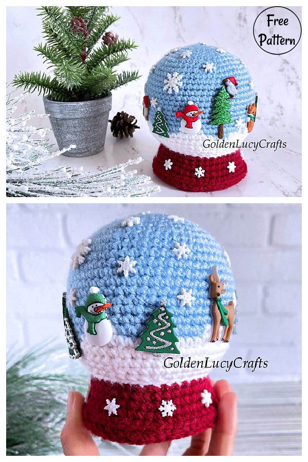 crocheted christmas ornament in the shape of a snow globe with trees and people on it