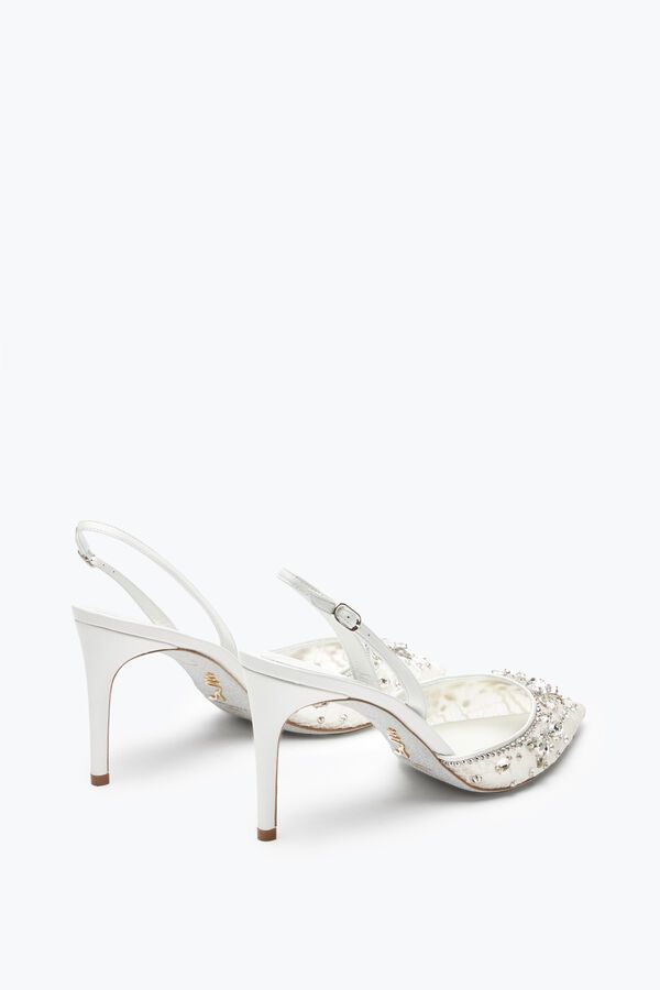 Hina Crystal White Sling-Back 80 Slingbacks in White for Women | Rene Caovilla® White Puma, Platform Flats, Flat Mules, Rene Caovilla, Sandal Platform, Sling Back, Bridal Stores, Slingback Shoes, Loafer Sneakers