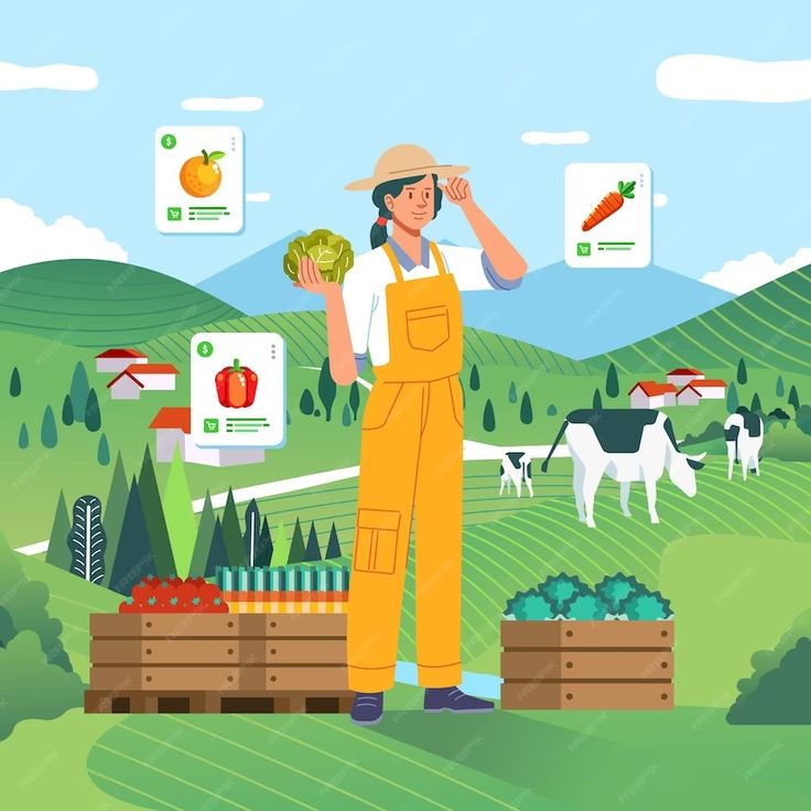 a man in overalls standing next to crates with vegetables and fruits on them, surrounded by farm animals