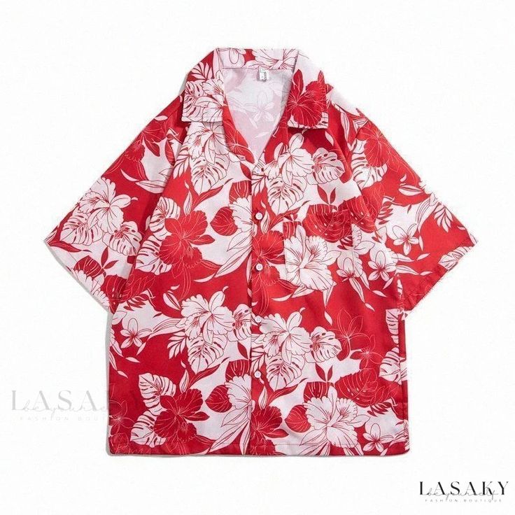 Lasaky - Vintage Floral Print Short Sleeve Shirt with Stylish Design - Retro and Trendy Loose Fit Button-down Vintage Floral Shirt, Hawaiian Fashion, Hawaiian Designs, Blouse Summer, New Flower, Hawaiian Beach, Vintage Short, Spring Fabric, Designer Tops