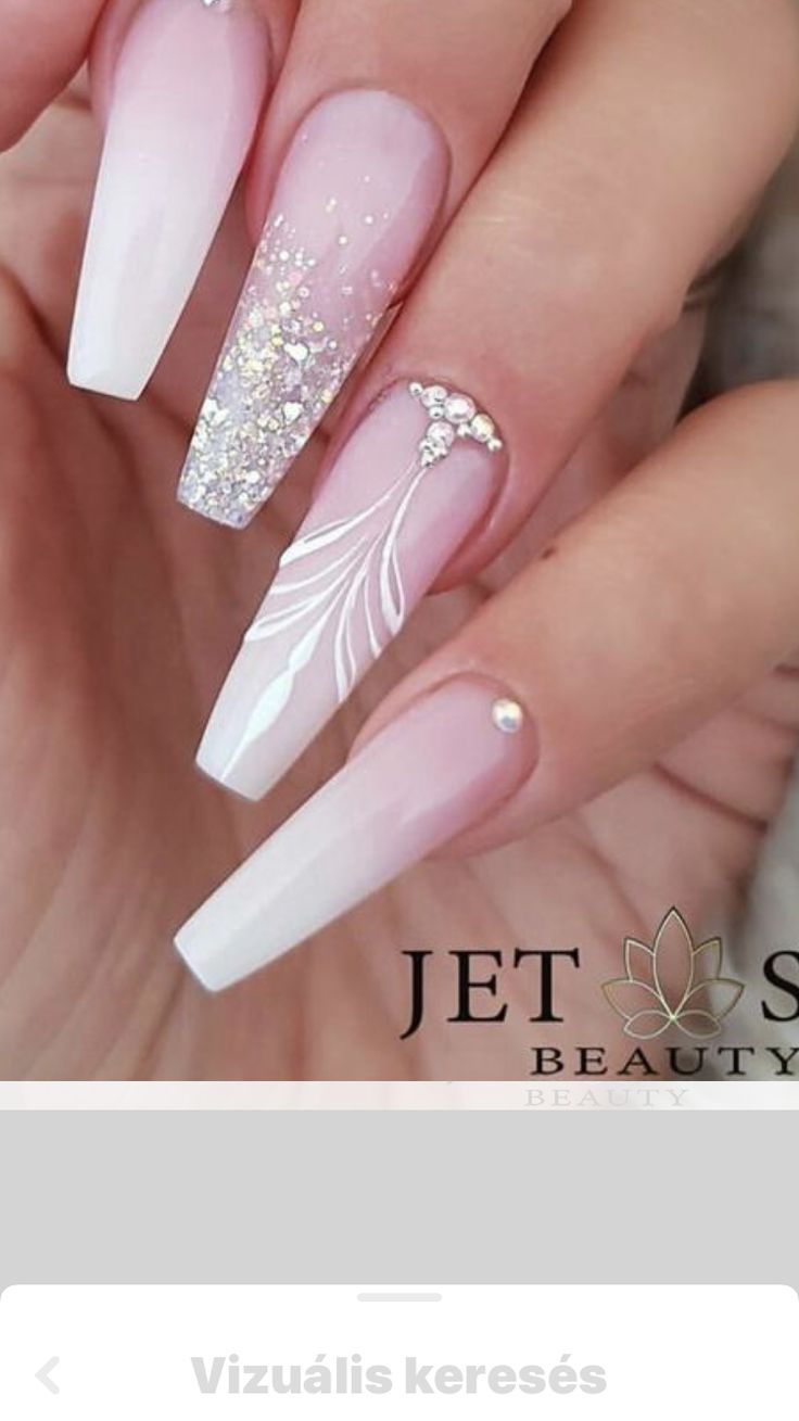 Bridal Gel X Nails, Wedding Nails For Bride Acrylic Coffin, Glamour Nails Sparkle Bling Bling, Pretty Ombre Nails Sparkle, Cute Engagement Nails, Pink And White Nail Art, Pink And White Nail Designs, Pink And White Nails, Girls Nail Designs