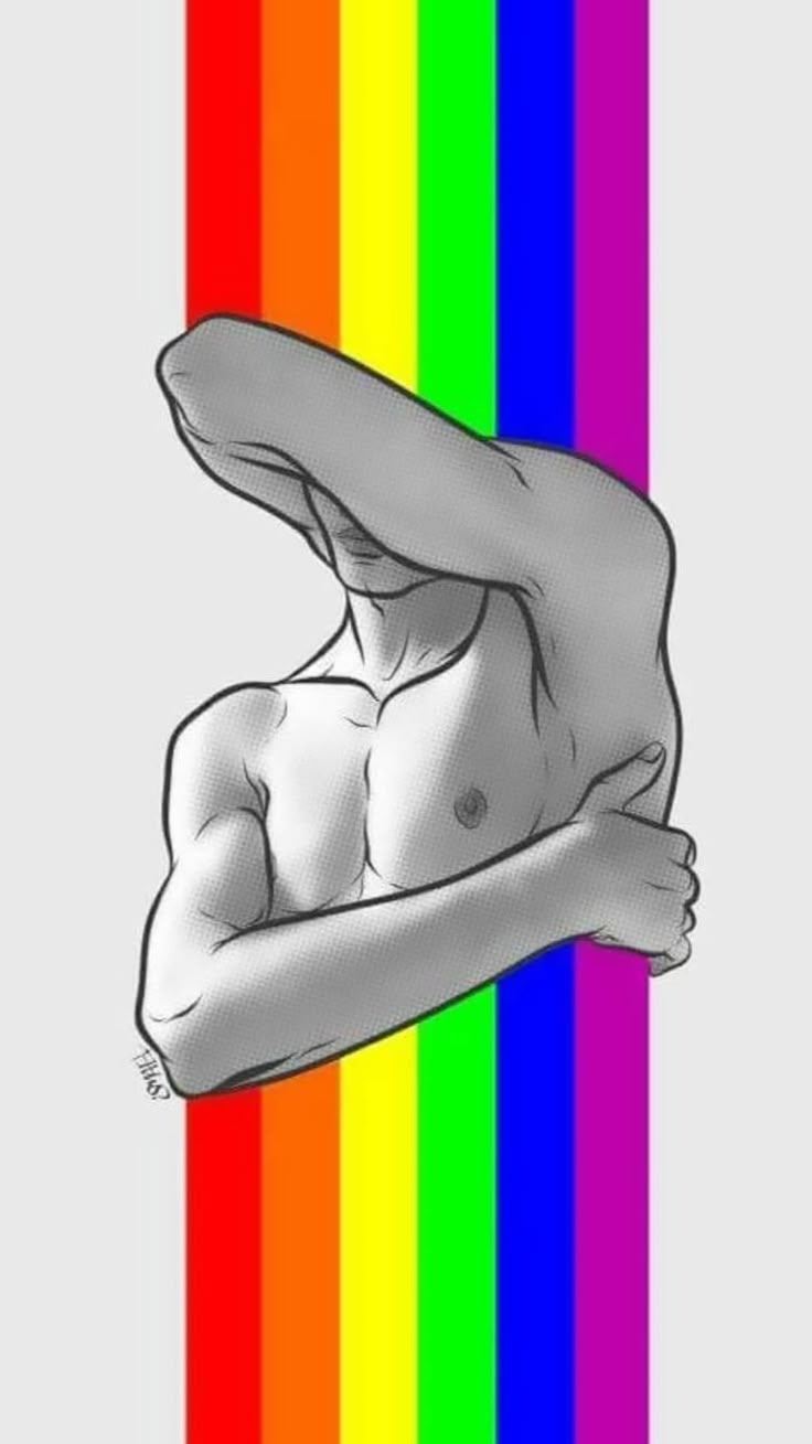 a drawing of a man with no shirt on in front of a rainbow colored background