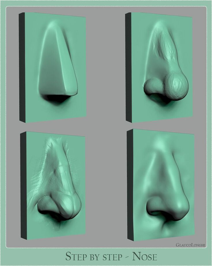 four different angles of the nose and nose, with text overlaying it that says step by step nose