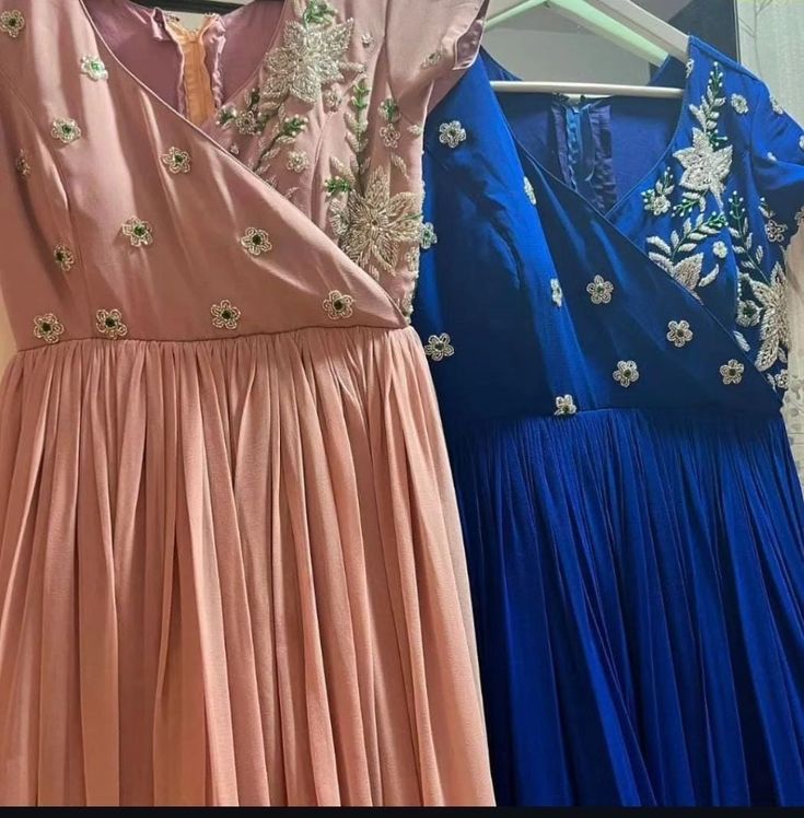 Explore our designer maggam work long frocks, crafted from luxurious Georgette, Chinnon, or Raw Silk. Each piece is meticulously designed with intricate maggam work, ensuring a unique and elegant look. With a quick dispatch time of just 3 days, these frocks are available starting at ₹3800 plus shipping. Colors and sizes can be customized to suit your preferences, making each frock truly one-of-a-kind. Reach us 📞 96404 90158 for enquires and bookings Work Long Frocks, Georgette Frocks, Ladies Frock Design, Frocks And Gowns, Bridal Blouses, Long Frock Designs, Casual Frocks, Churidar Designs, Anarkali Dress Pattern