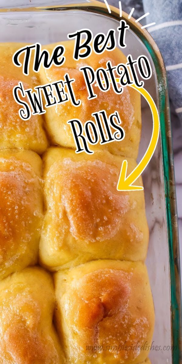 the best sweet potato rolls recipe in a glass baking dish with an arrow pointing to it