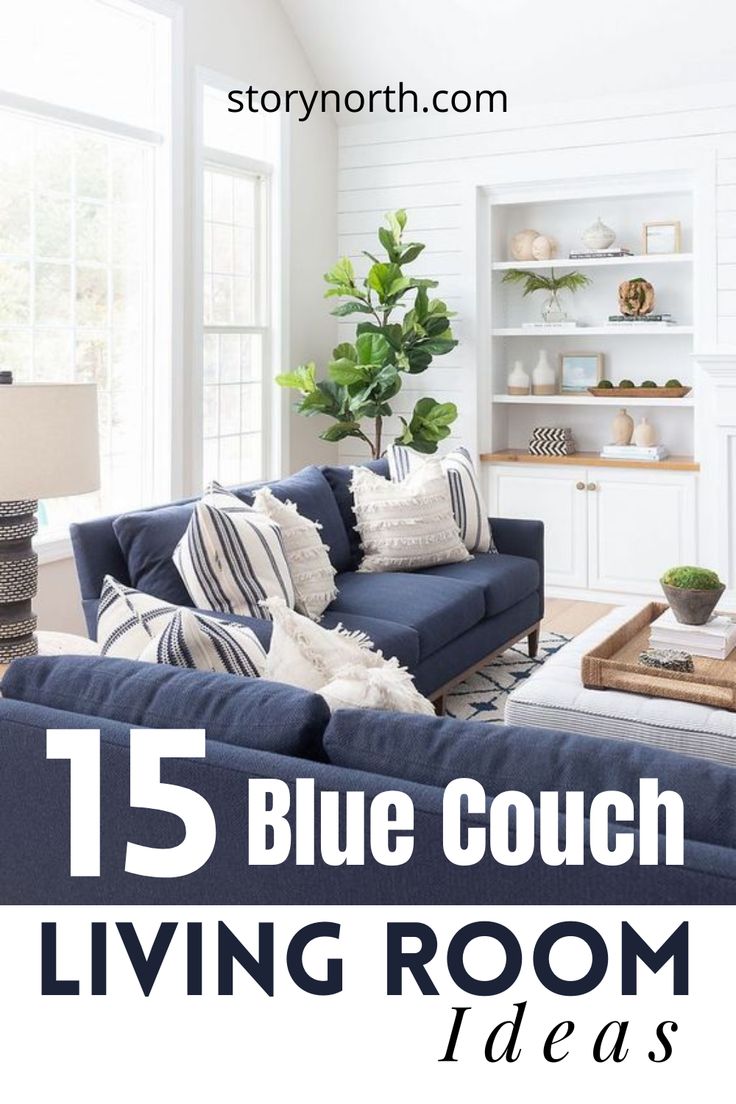 a living room with white walls and blue couches in the center, text reads 15 blue couch living room ideas