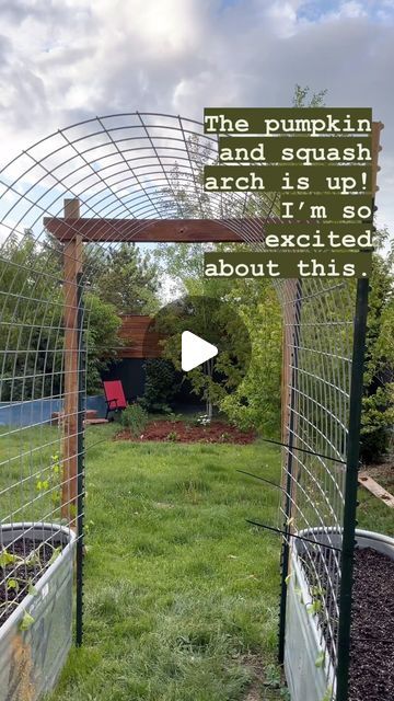 an outdoor garden with plants and a sign that reads the pumpkin and squash area is up i'm so excited about this