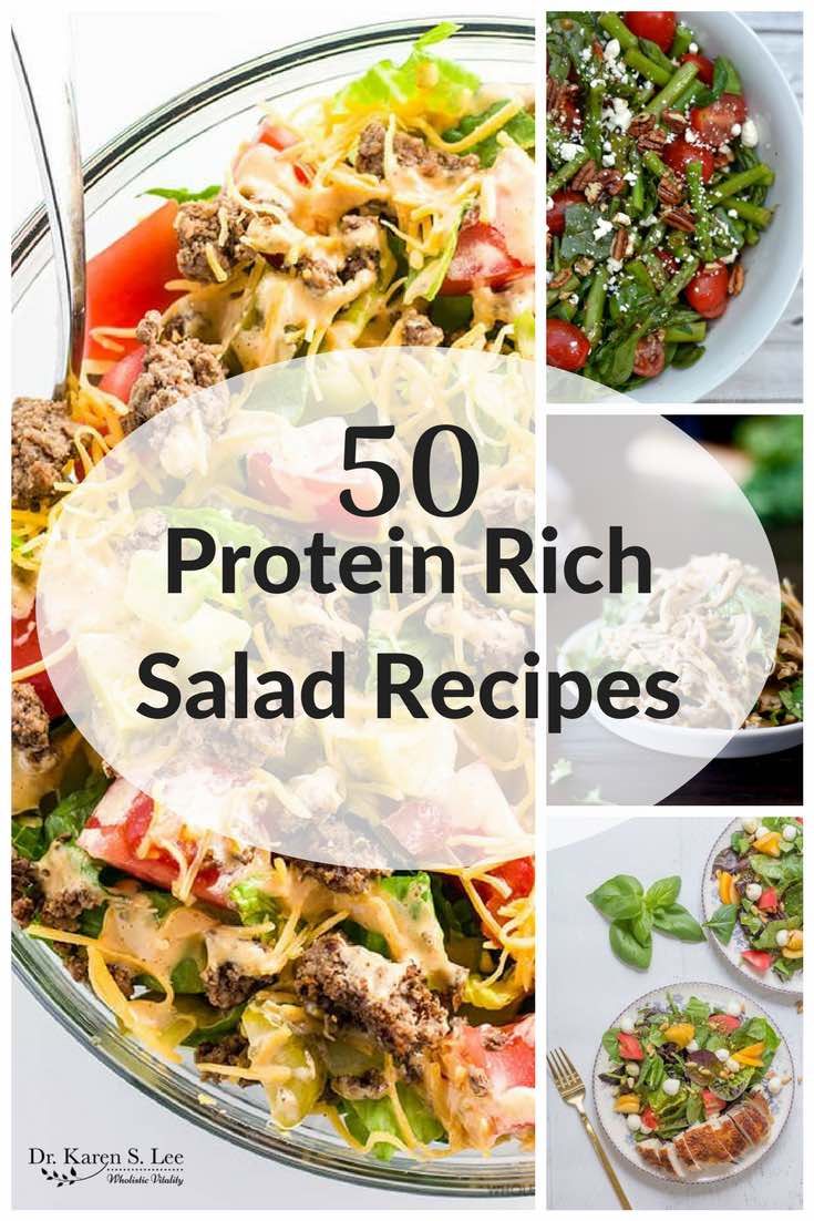 the cover of 50 protein rich salad recipes with pictures of different types of salads