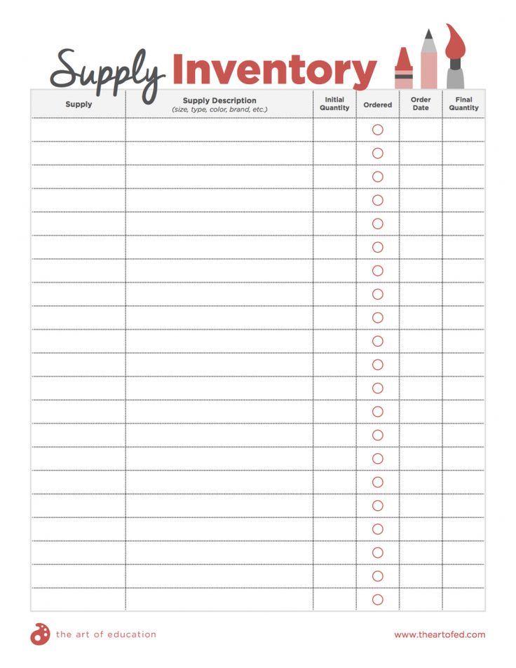 an inventory checklist with pencils and markers on it, including the words supply inventory