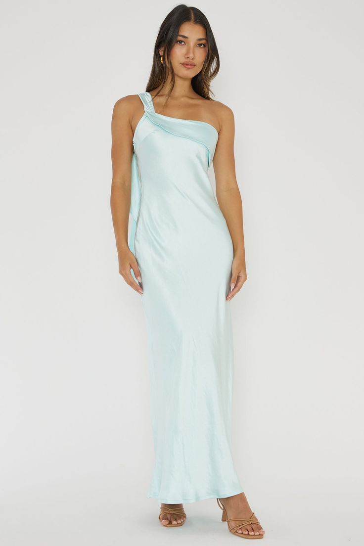 Shop the Carmel One-Shoulder Sash Maxi Dress Ice | Selfie Leslie Pre-draped Satin Finish Maxi Dress For Wedding, Pre-draped Bridesmaid Dress With Asymmetrical Neckline, One Shoulder Pre-draped Wedding Dress, Pre-draped Satin Bridesmaid Gown, Chic One-shoulder Dress For Wedding And Prom Season, Chic One Shoulder Dress For Wedding And Prom Season, One-shoulder Pre-draped Prom Dress, One-shoulder Satin Maxi Dress With Sweep Train, One Shoulder Pre-draped Prom Dress With Asymmetrical Neckline