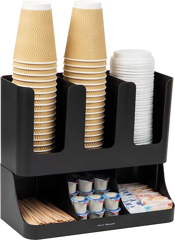 a black holder with cups and plates in it