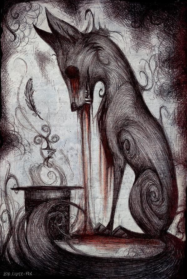 a drawing of a wolf with blood dripping out of it's mouth next to a table