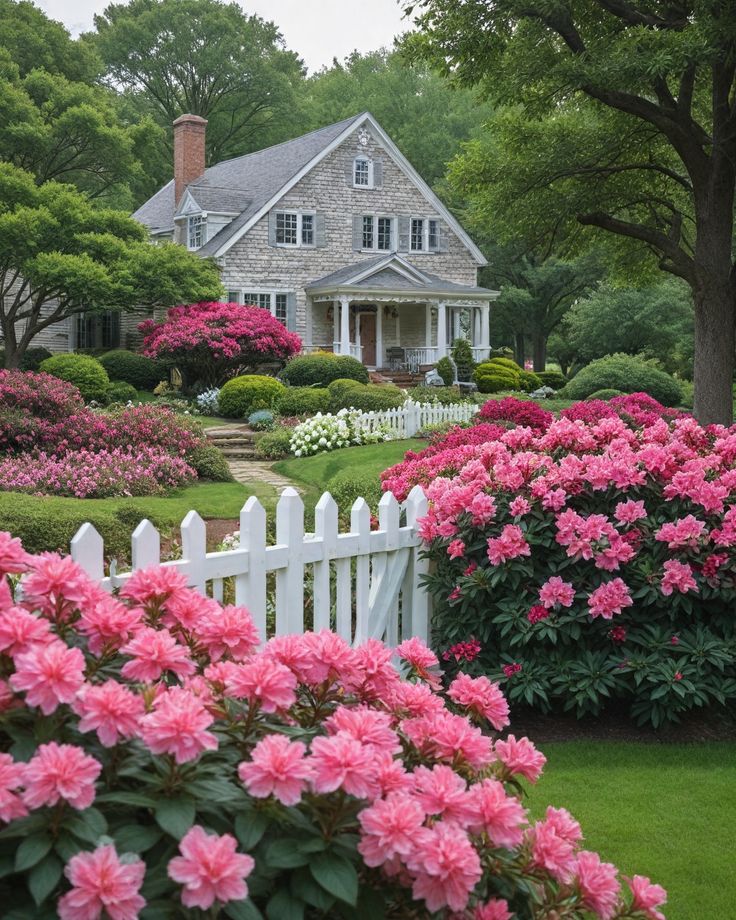 a white picket fence with pink flowers in front of a large house and green trees