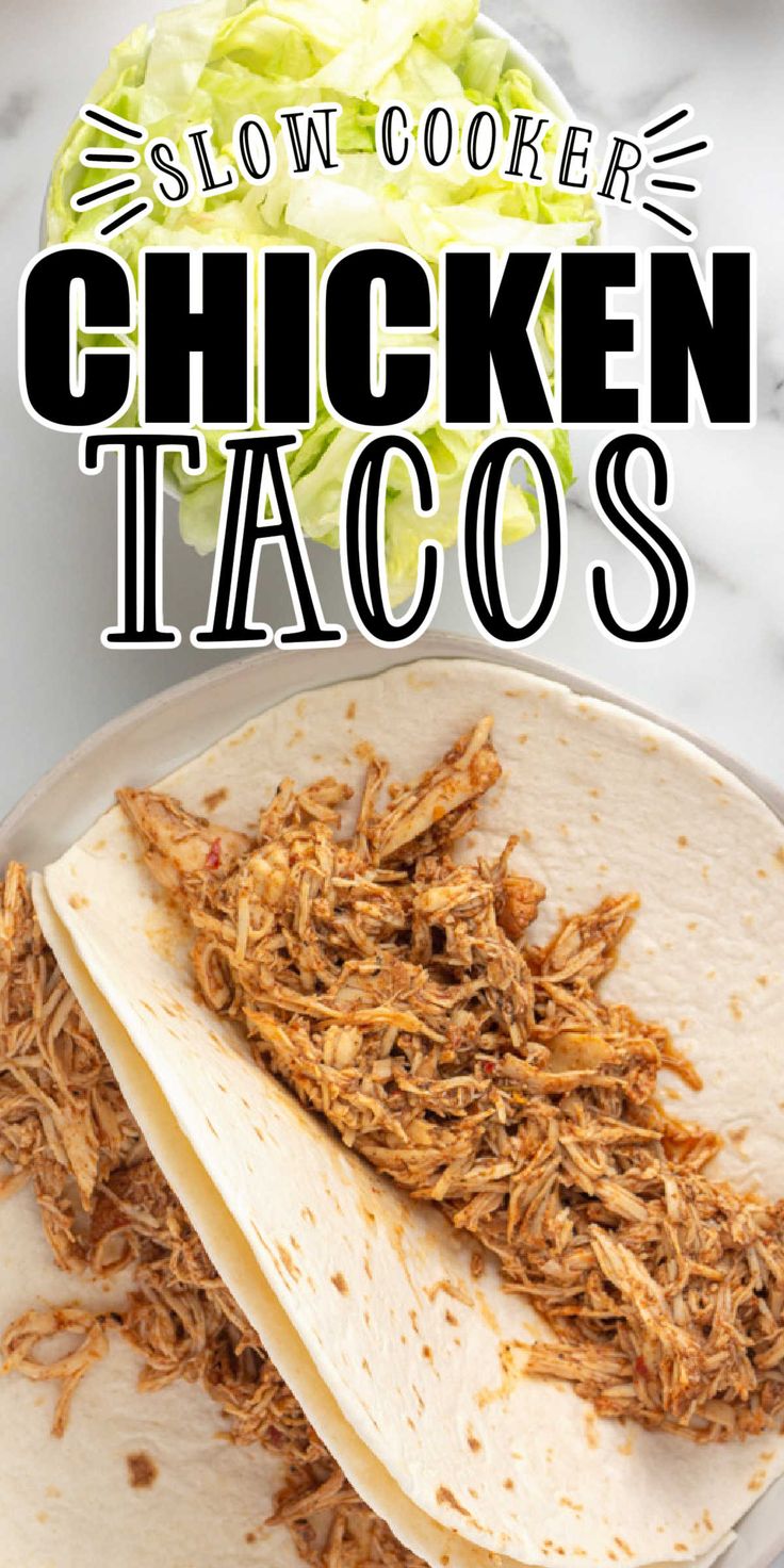 slow cooker chicken tacos on a plate with lettuce