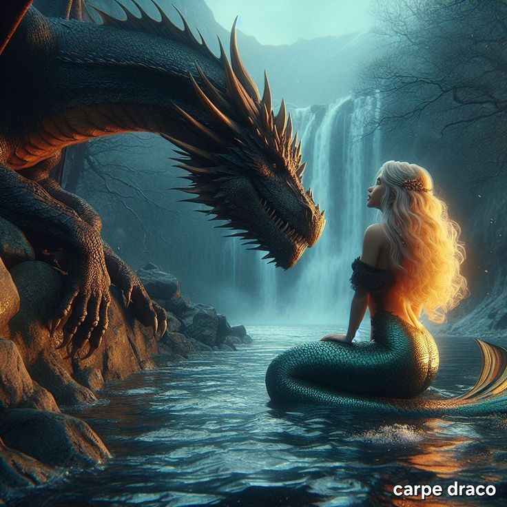 a woman sitting on top of a rock next to a dragon