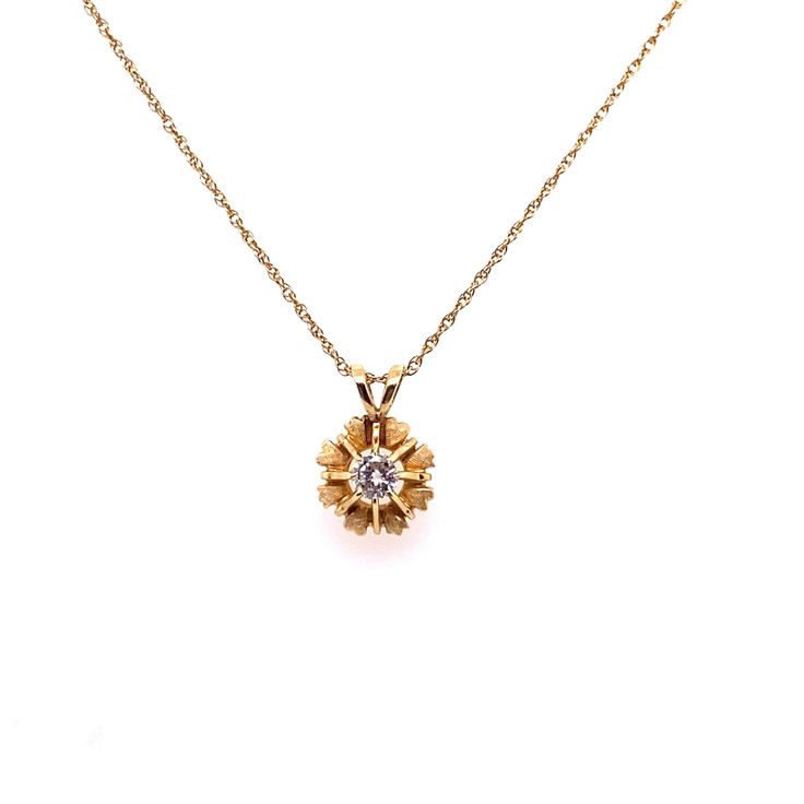 "Vintage 14k yellow gold diamond pendant necklace. The round diamond weighs approximately .30ct and has a beautiful sparkle and shine. The diamond quality is H color and VS2 clarity. The diamond is set in a unique 8 prong tulip setting with hearts and crown designs between the prongs. The 14k gold setting measures 11.3mm in diameter and has a rabbit ear bail. The 14k yellow gold rope link chain measures 1.3mm wide is 16\" long. The pendant with the chain weighs 2.69 grams." Gold 14k Diamond Necklace With Single Diamond, Elegant Diamond Necklace Stamped 14k, Elegant 14k Stamped Diamond Necklace, Fine Jewelry 14k Stamped Diamond Round Pendant Necklace, Yellow Gold Diamond Necklace Stamped 14k For Wedding, Yellow Gold 14k Stamped Diamond Necklace For Wedding, Yellow Gold Brilliant Cut Diamond Flower Pendant Necklace, Gold Diamond Necklace With Flower Pendant, Fine Jewelry 14k Stamped Diamond Necklace