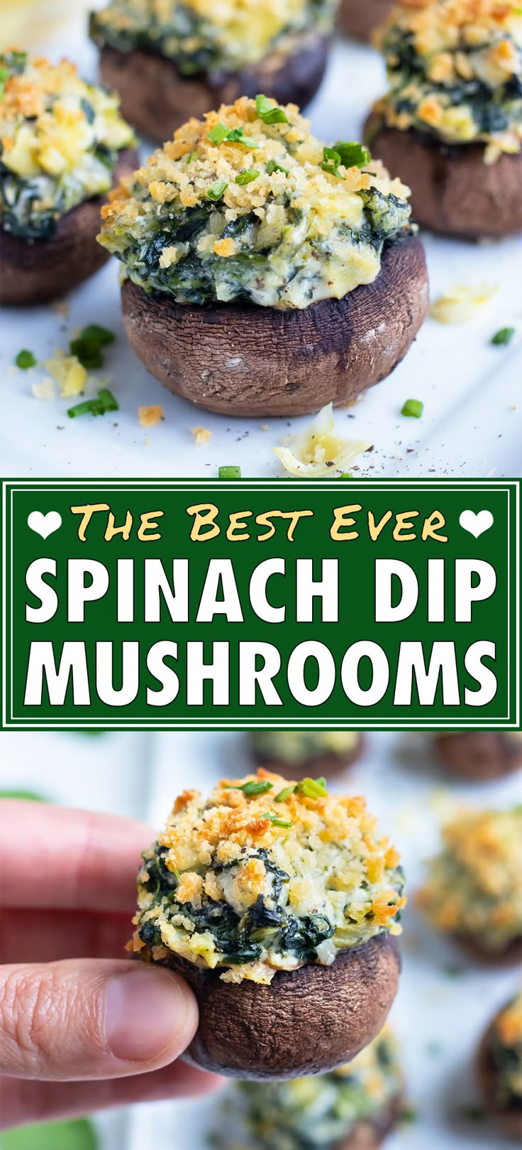 the best ever spinach dip mushrooms on a white platter with text overlay