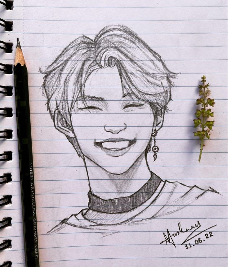 a pencil drawing of a person with a smile on their face, next to a plant