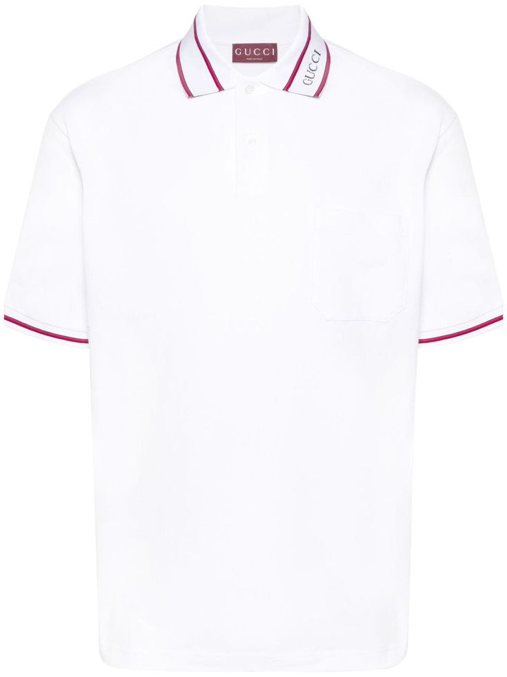 white cotton blend piqué weave signature Sylvie Web detail polo collar with jacquard logo motif short sleeves with ribbed trim chest patch pocket short side slits straight hem short front button fastening We've partnered with Good On You — an independent agency that rates how brands perform in relation to their impact on the planet, people and animals, with a multi-criteria rating simplified to a five points scale. In order to be awarded our conscious label, larger brands need to score a minimum of four out of five ('Good'), while smaller brands must score at least three out of five ('It's A Start'). This item comes from a brand rated three out of five ('It's A Start') by Good on You at the time it was added on FARFETCH. Please note, this is a brand-level rating and does not guarantee that Gucci T Shirt, Web Detail, Gucci Logo, Planet People, Polo Shirt White, Five Points, Latest T Shirt, Dolce E Gabbana, Cotton Polo Shirt