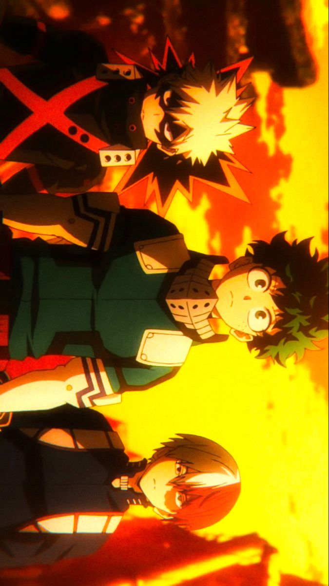 three anime characters are standing in front of a blazing fire with their arms around each other