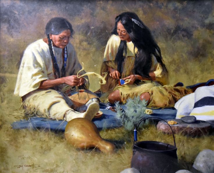 an oil painting of two people sitting on the ground