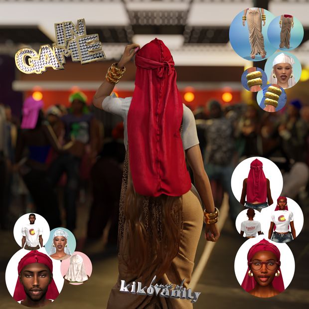 a woman walking down a street with lots of different hair styles and accessories on her head