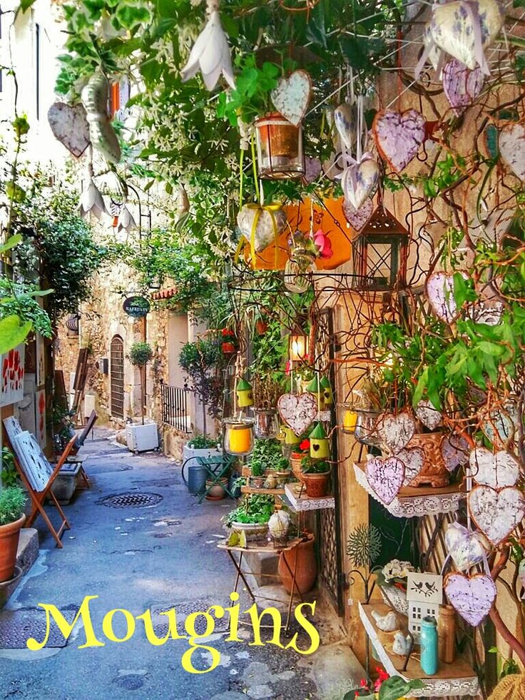 an alleyway with lots of potted plants and hanging hearts on the wall above it