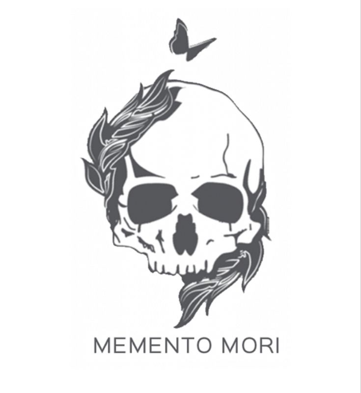 a black and white photo of a skull with leaves on it's head, next to the words mementoo mori