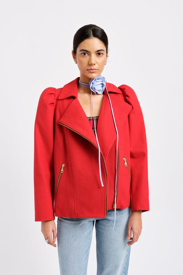 Eliza Faulkner Designs Inc. Jackets Valentine Moto Coat Wool Blend Red Luxury Red Outerwear With Single Button, Luxury Red Punk Outerwear, British Punk, Puffy Sleeves, Off Black, Gold Zipper, Outerwear Coats, Moto Jacket, Vest Jacket