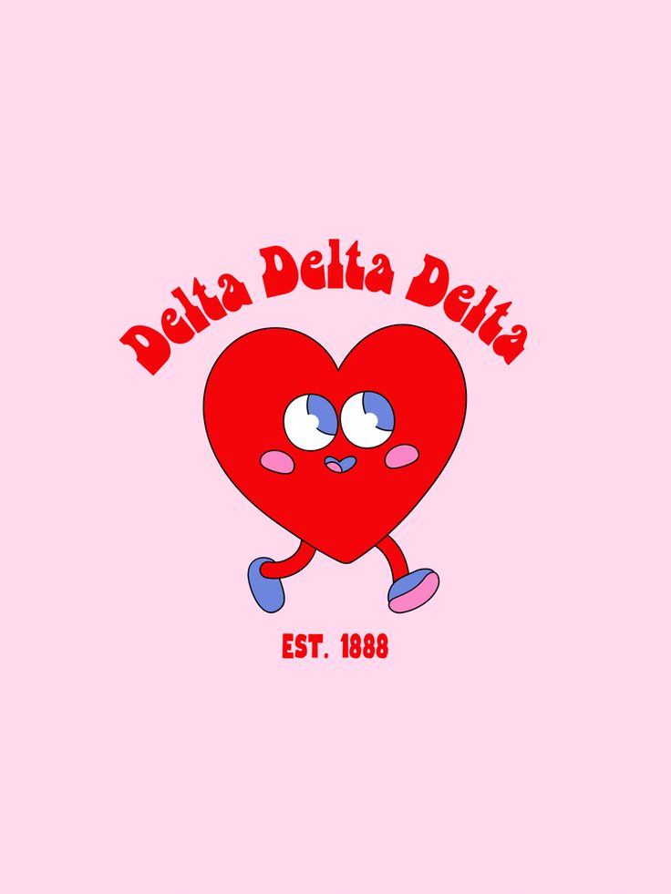 a red heart with two eyes and the words delta delta on it